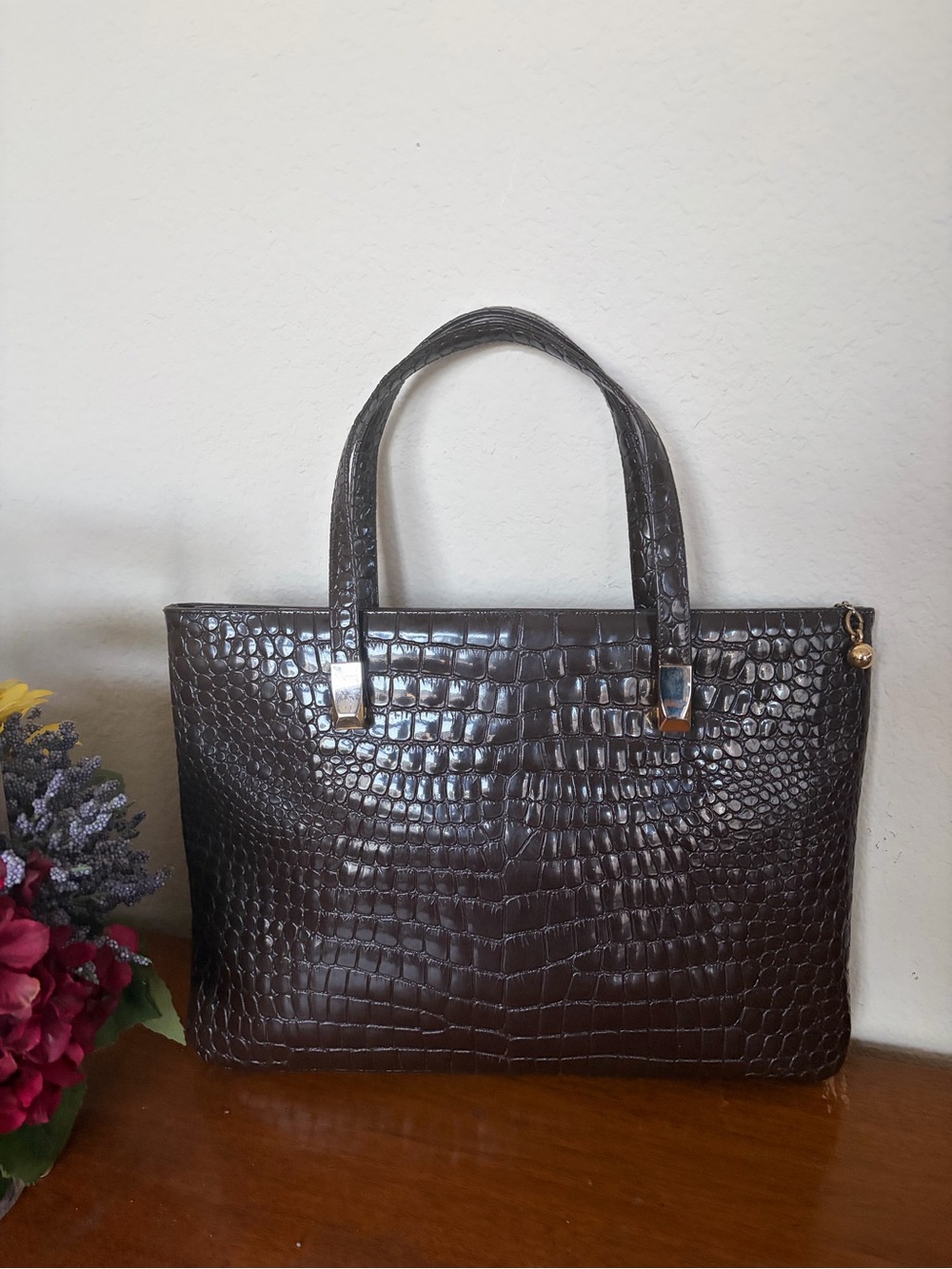 Koret Vintage Croc Emboseed Patent leather Brown Top Handle Handbag RARE!